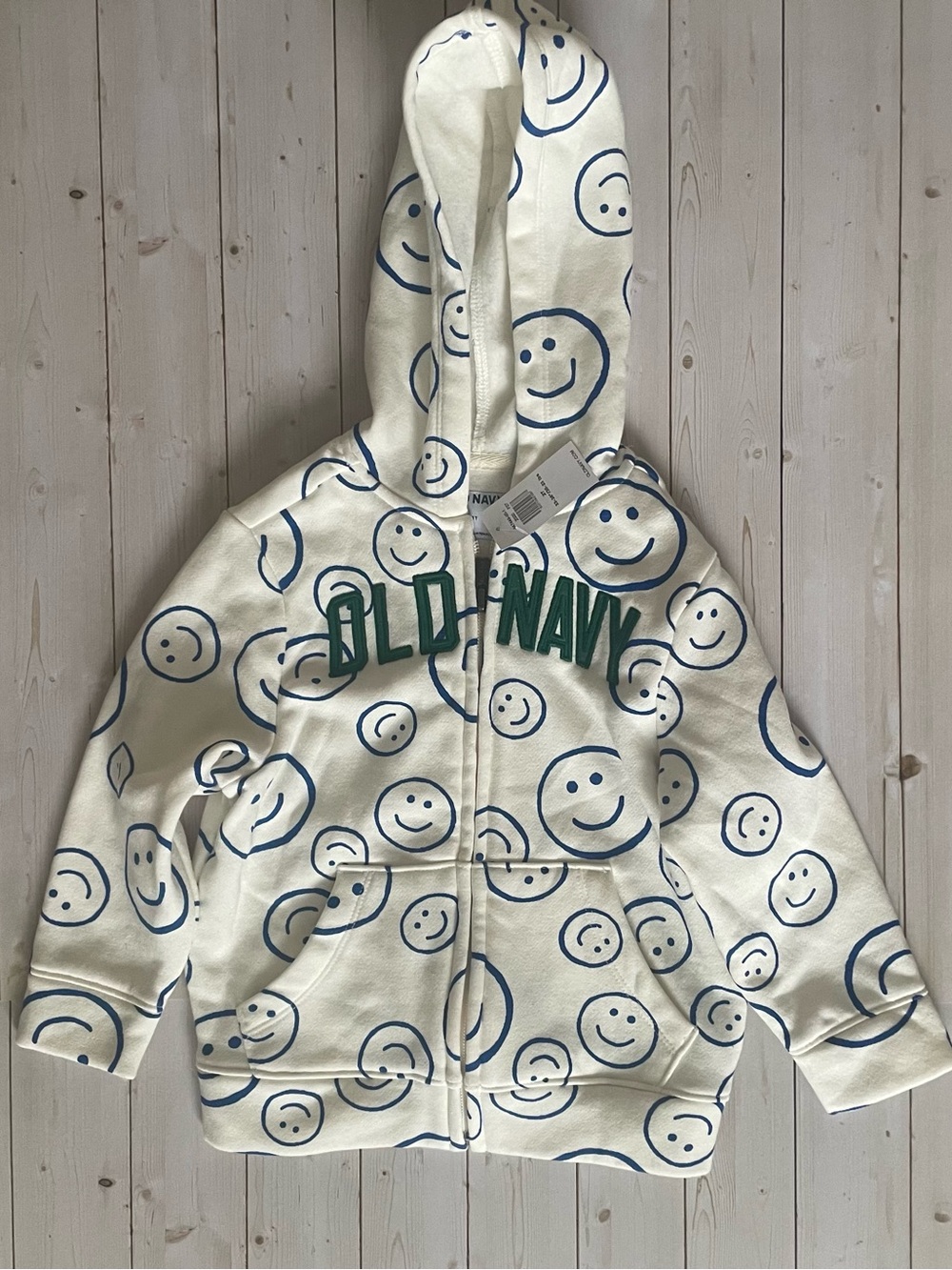 Old Navy Cream Zip Hoodie with Blue Smiley Print and Green Logo